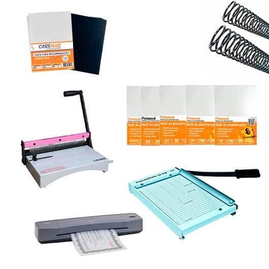 Kit Encadernadora, Plastificadora, Guilhotina + Insumos 220v