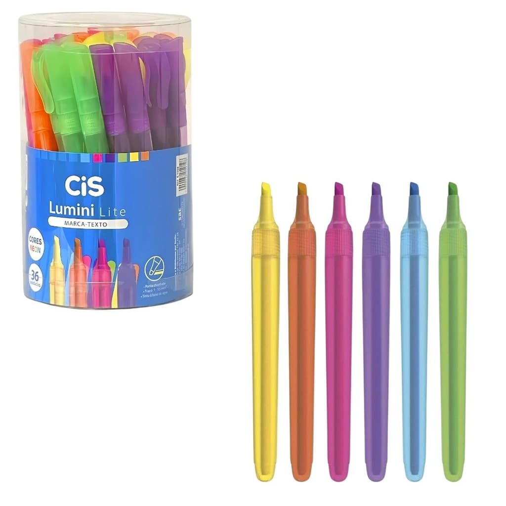 36 Canetas Marca Texto Cis Lumini Lite 6 Cores Sortidas Neon- Roxo rosa amarelo verde laranja e azul