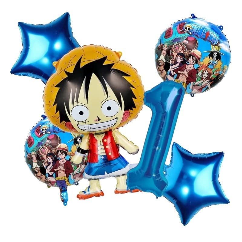 Kit 5 pçs Balão ONE-PIECE Luffy Festa  De Aniversário + Número Azul Metalidade 40 cm Decoração