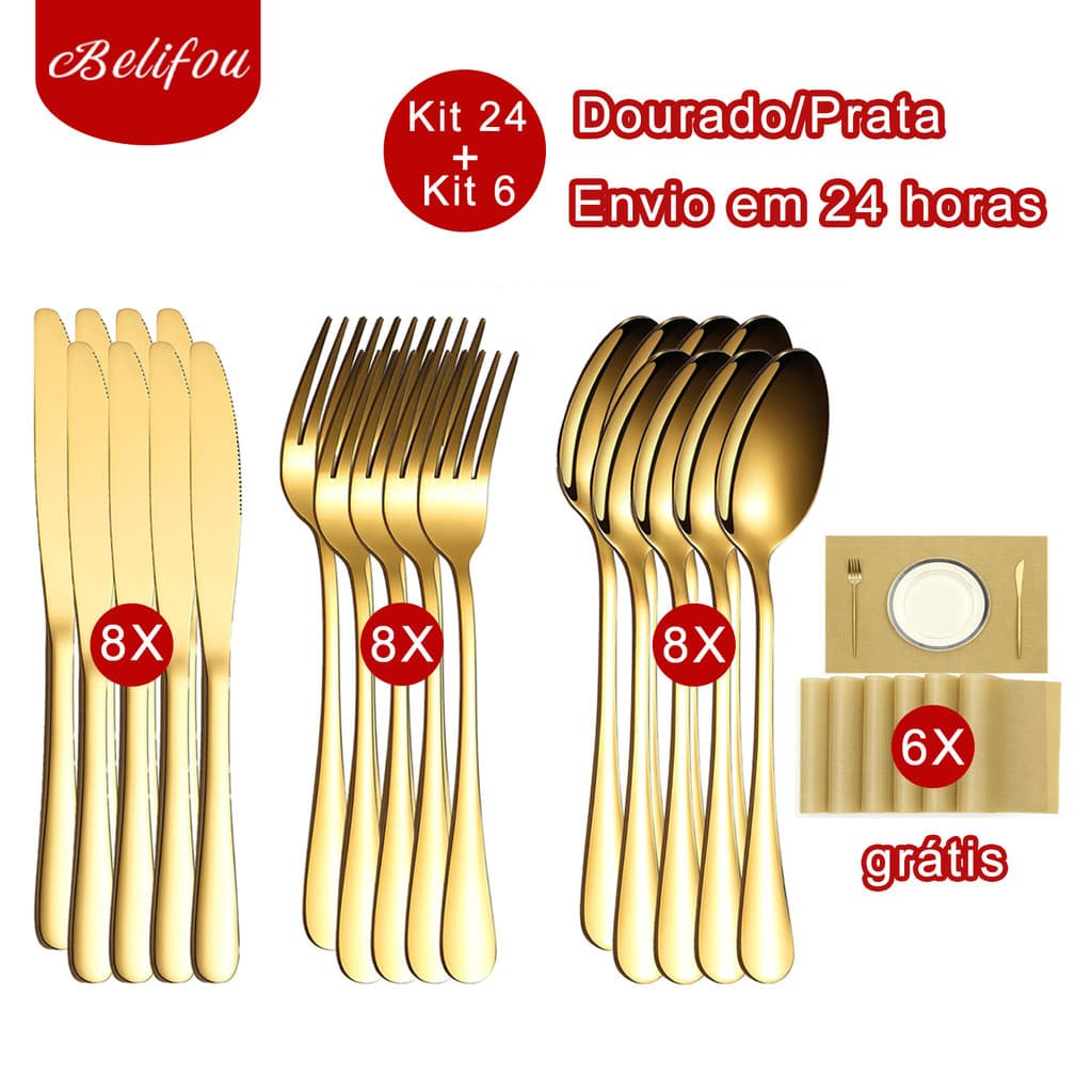 Belifou Kit 24 Conjunto de talheres para bife com jogo americano grátis Aço inoxidável Prata