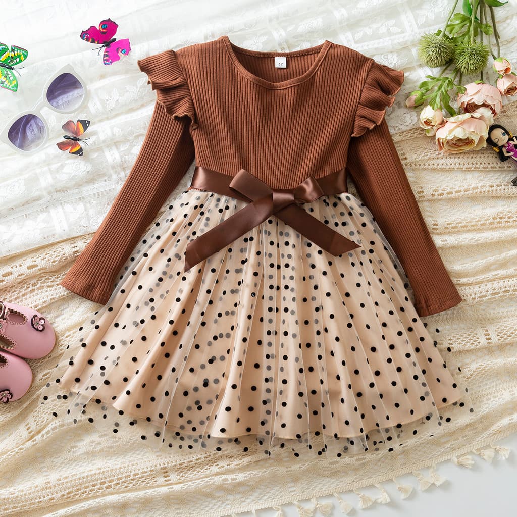 Vestido Casual Infantil  Camisa De Manga Comprida Bolinhas Tule  Cerimônia  3-8 Anos  Outono Inverno  Arco Ve
