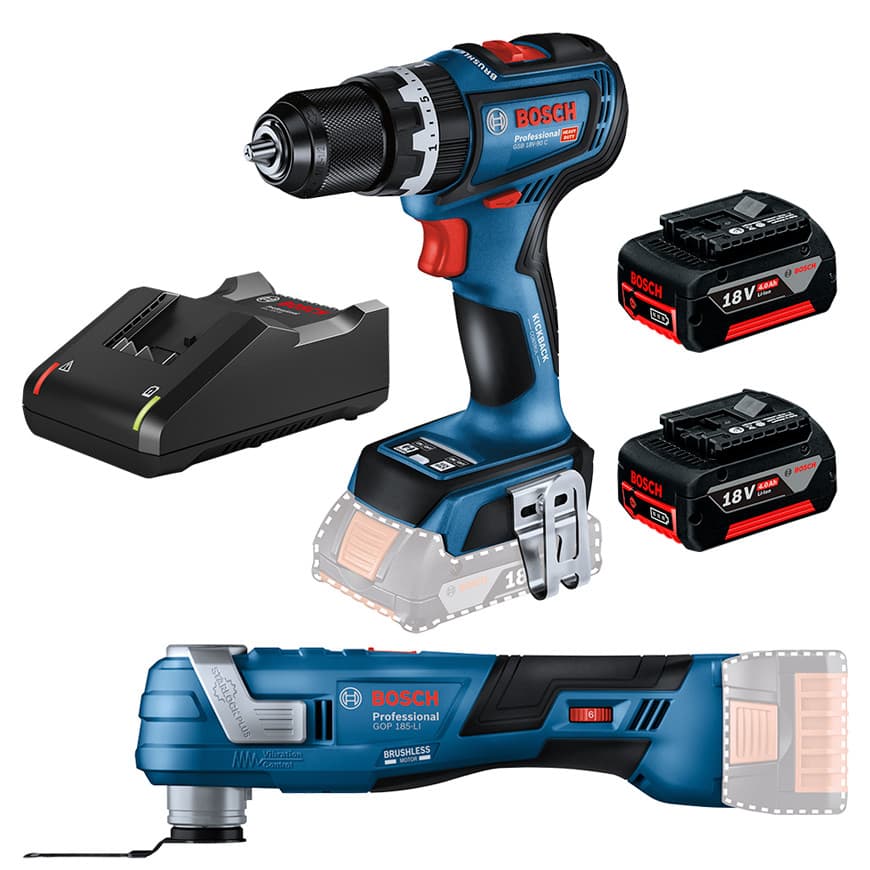 Kit Parafusadeira/Furad Imp 1/2" GSB 18V-90 C + Multicortadora GOP 185-LI + 2 Bateria 4Ah + Carregador Rápido Bosch