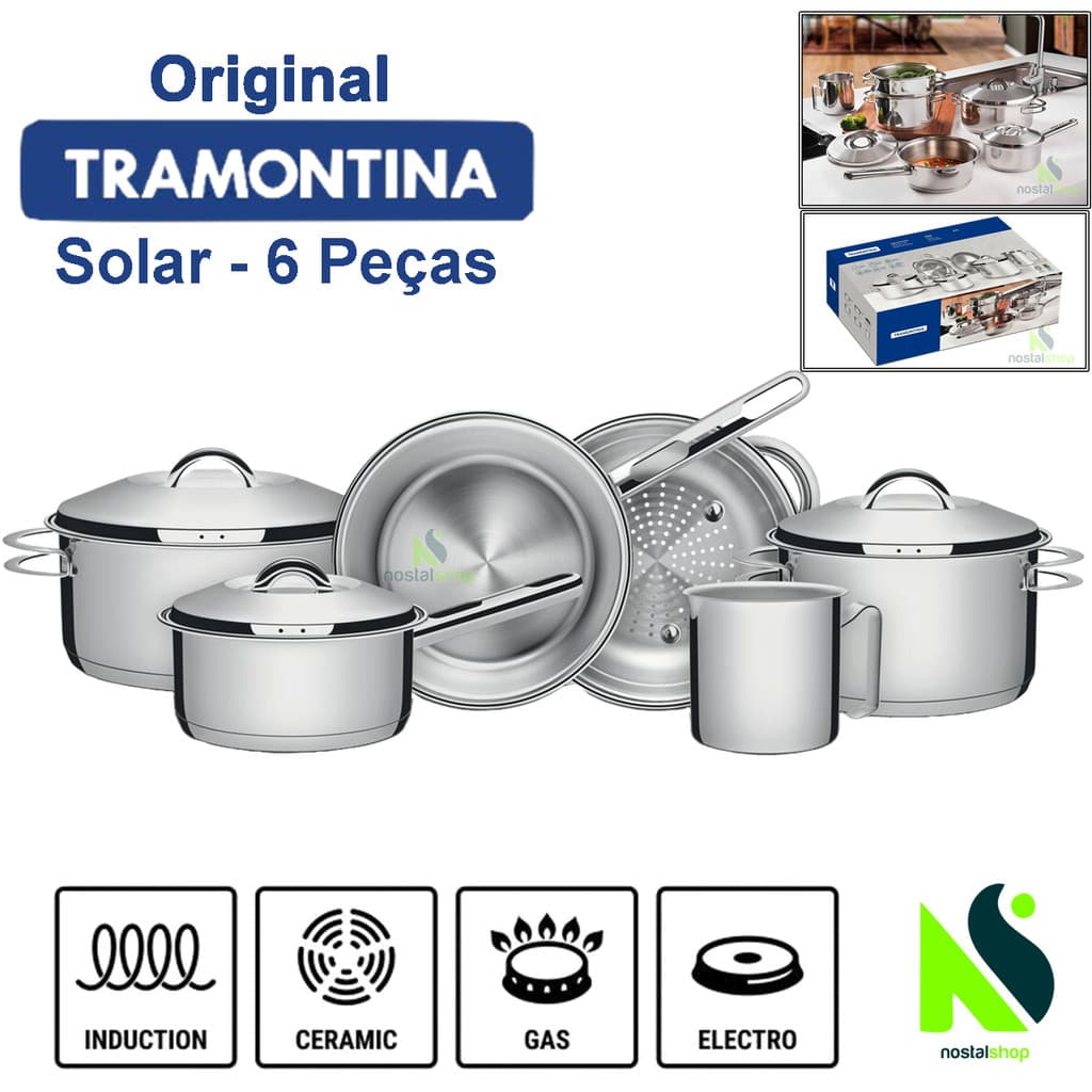 Jogo de Panelas Tramontina Solar Inox 6 Peças Fundo Triplo Indução Frigideira Tramontina Caçarola
