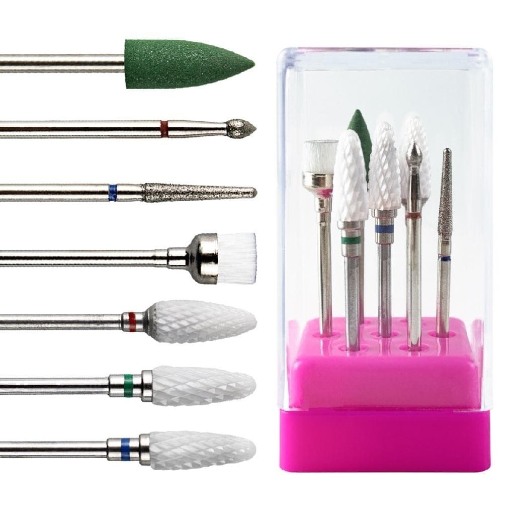 Kit 7 Brocas Unhas Cerâmica Diamantada Limpeza + Suporte Unha Gel Fibra Manicure Alongamento Lixa DH