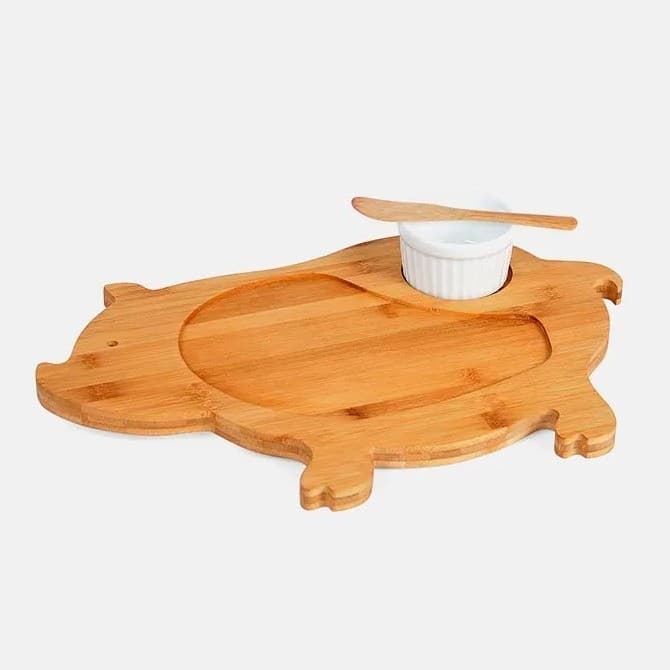 Kit Petisco Em Bambu / Porcelana Com Tábua Formato Porco PD-40333