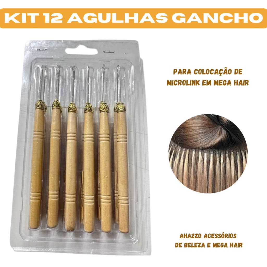 Kit 12 Agulhas Gancho Para Mega Hair Microlink Cabo De Madeira