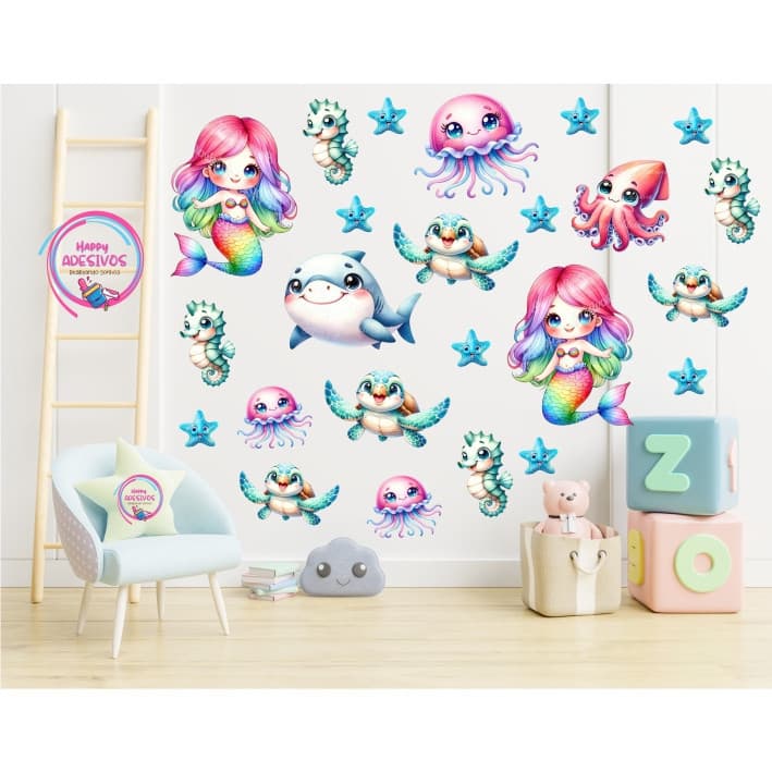 Adesivo Decoração Quarto Infantil Sereia Menina Fundo do Mar Parede Faixa Adesiva Bebe Decorativo DC