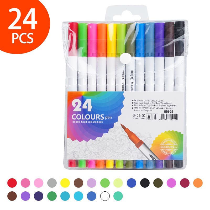 Kit 24 Canetas Dual Pen 2 em 1 Brush Lettering Ponta Fina Coloridas para Desenho, Caligrafia, Bullet Journal e Ilustraçã