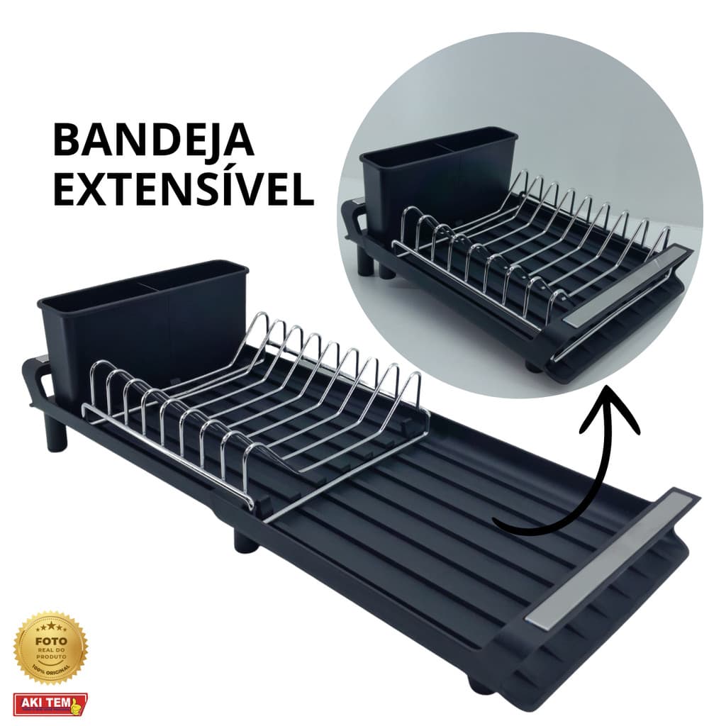 Escorredor de louças com bandeja extensível porta talheres removível prático e funcional