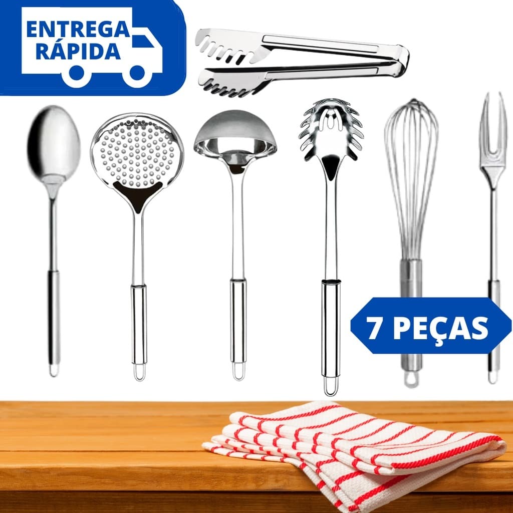 Jogo Utensílios de Cozinha 7 Peças 100% Aço Inox Concha Escumadeira Pegador Massa Colher Garfo Fuet e Pegador