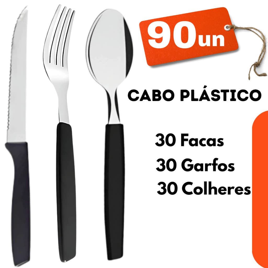 Kit 90 Talheres Facas, Garfo, Colher PRETO - Inox E Plástico P/ Cozinha Pizzaria, Restaurantes.