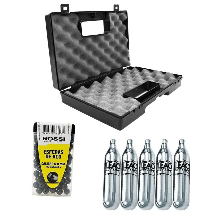 Kit 5 Co2 12g + 100 Esferas Aço 6mm + Maleta Rígida Rossi - Essencial p/ Airsoft
