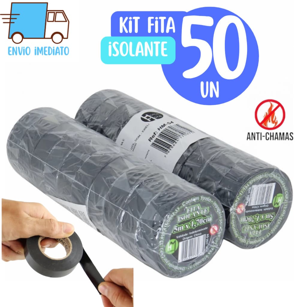 Kit 50 Fitas isolante Antichama 5 metros Preta para Eletricista uso Geral Domestico e Industrial
