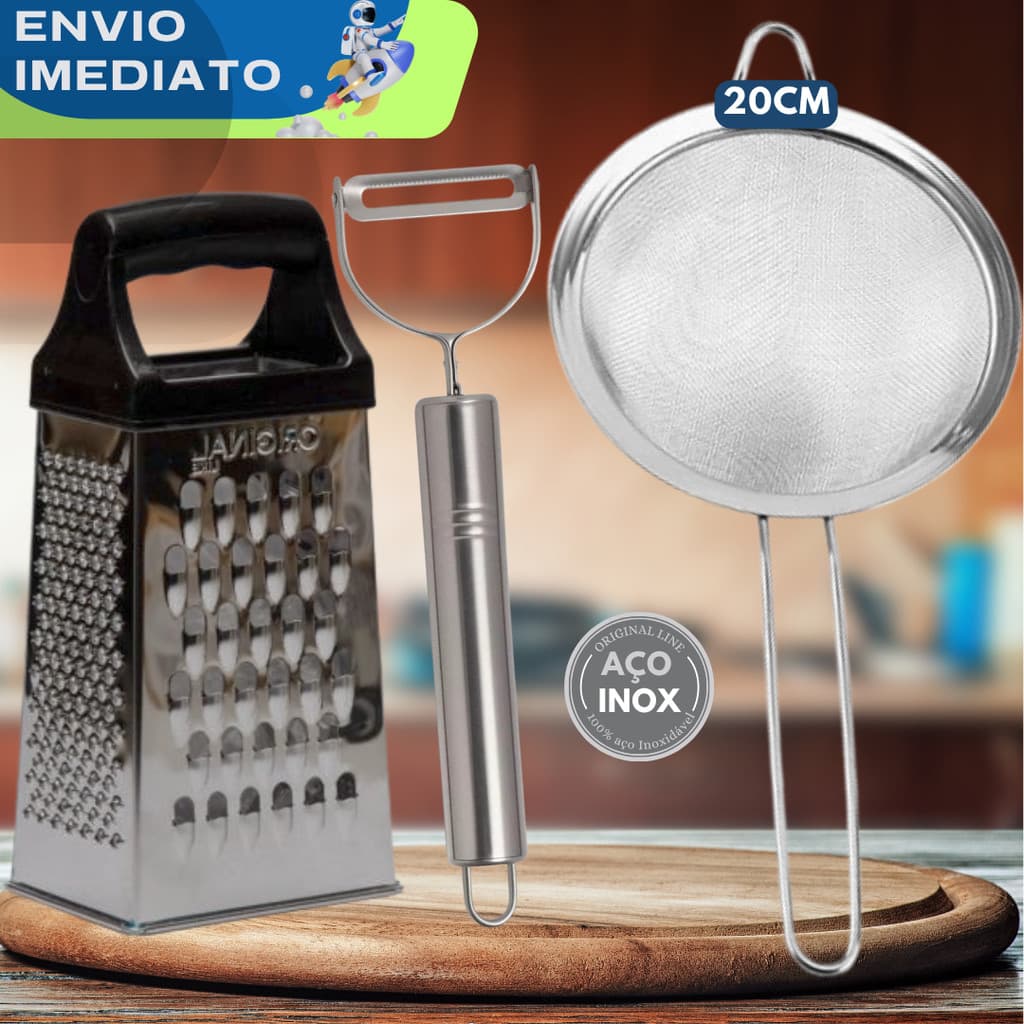 JOGO DE 03 Utensílios Inox Ralador Descascador Legumes Peneira 20cm Qualidade Premium Cozinha Restaurante Casa Buffet
