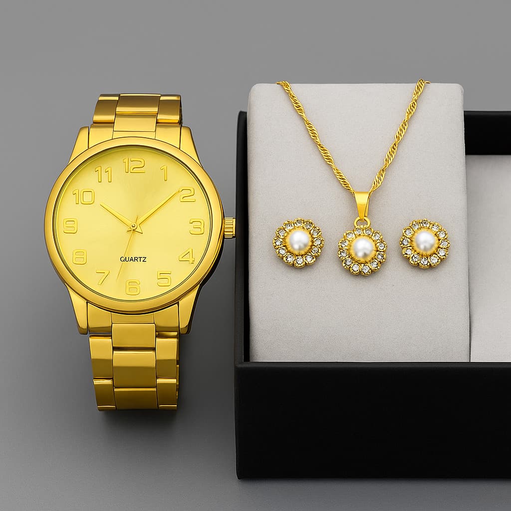 Conjunto Luxo Feminino Dourado – Relógio Aço Inox + Colar e Brinco Elegante
