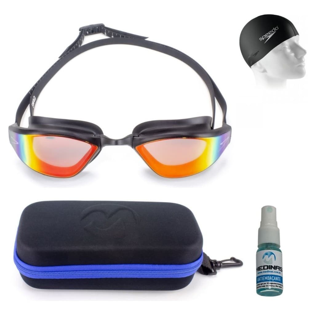 Kit Óculos Natação Speedo Swag + Touca de silicone + Case Medinas + Spray Antifog