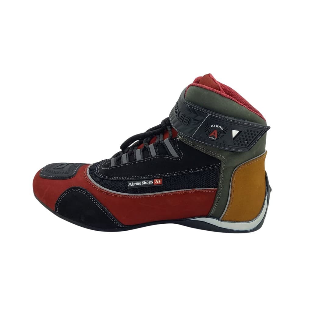 320AT-Bota Tênis Motociclista Cano Alto Couro com protetores de borracha Refletivos vermelho preto