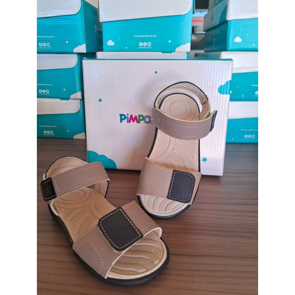Sandália Infantil Pimpolho Menino Cinza/Preto Ajustável Com Velcro Na Parte Superior e Lateral  Masculina