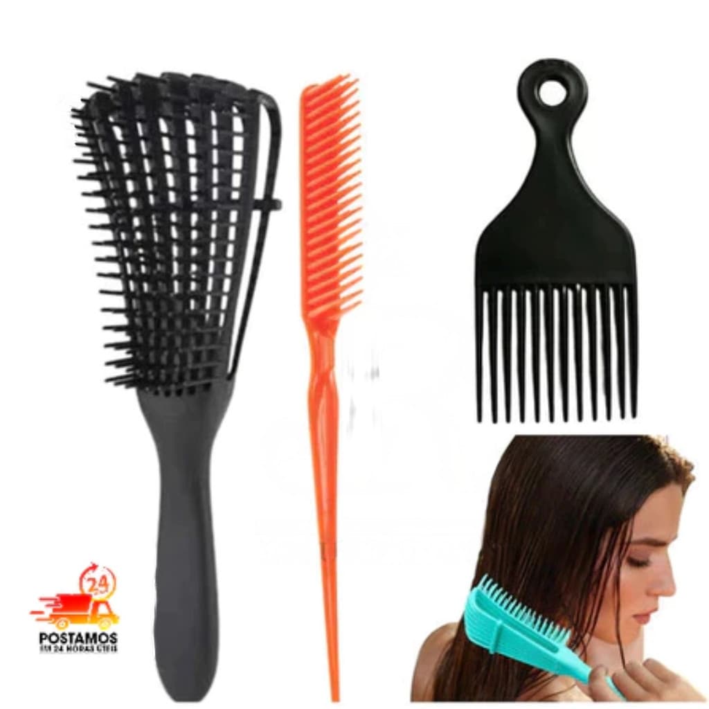 Kit Escova Pente Polvo Cabelo Cacheado  + Pente 3 Fileiras Fitagem + Pente Garfo Black Afro