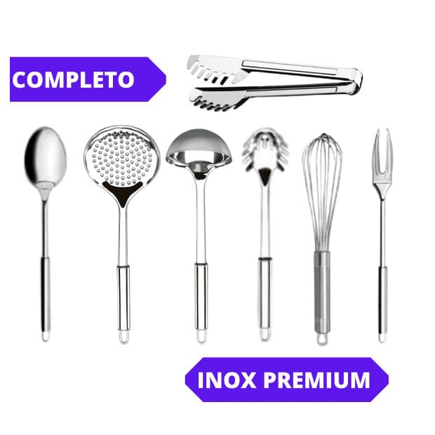 Kit Utensílios de Cozinha 7 Peças Aço Inox Concha Escumadeira Pegador Massa Colher Garfo Fuet e Pegador