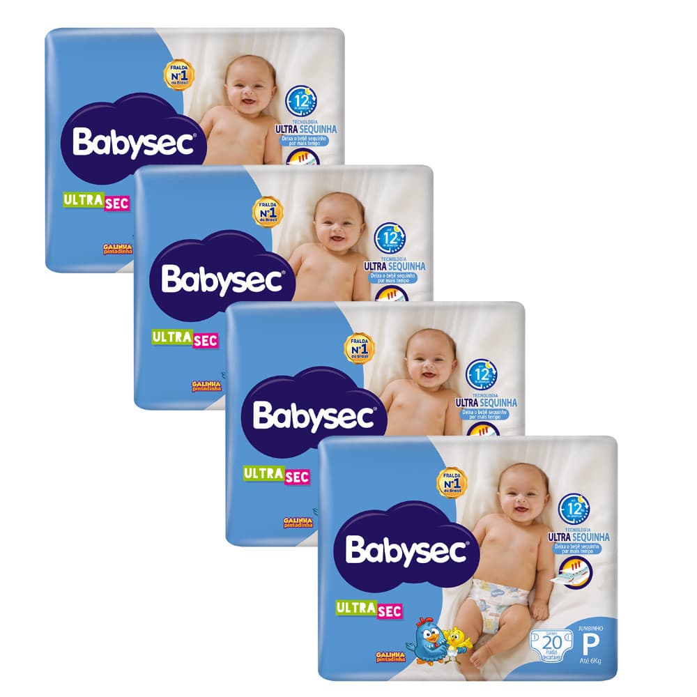 Kit com 4 Pacotes Fralda Babysec UltraSec Jumbinho P Galinha Pintadinha 20un