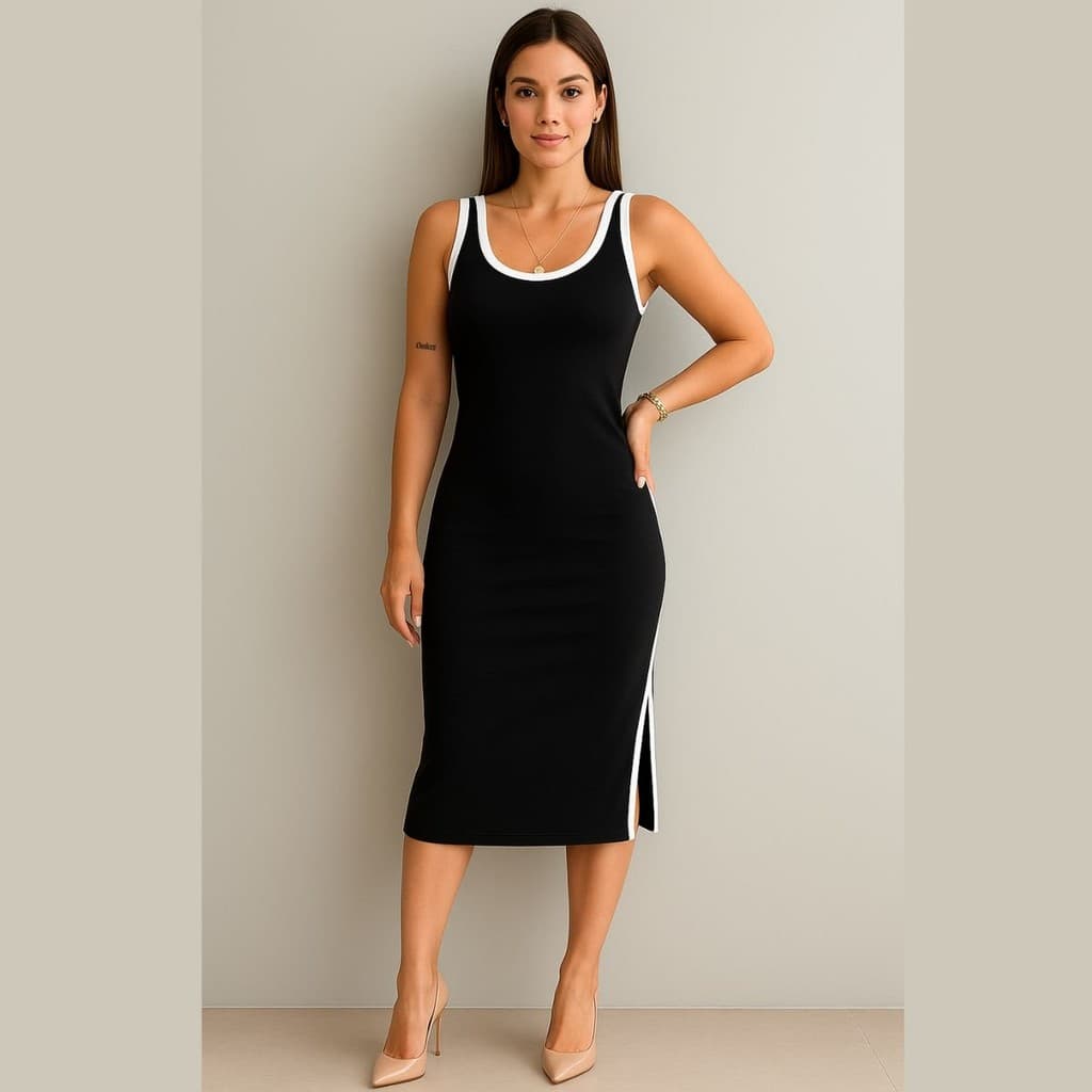 Vestido Midi em Tricot com Decote Redondo - fendas laterais