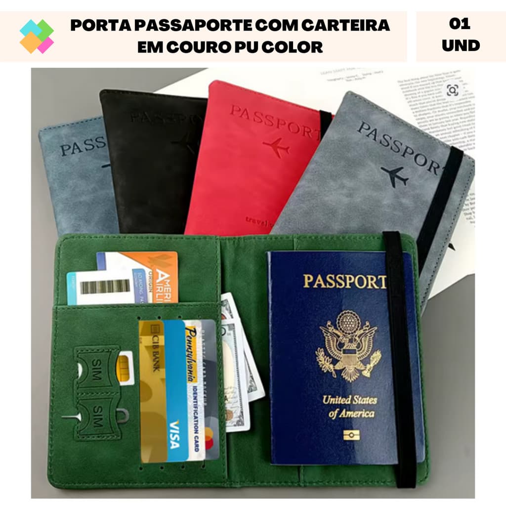 Porta Passaporte com Carteira em Couro PU Color com Elástico, Impermeável e Proteção RFID (1 Und)