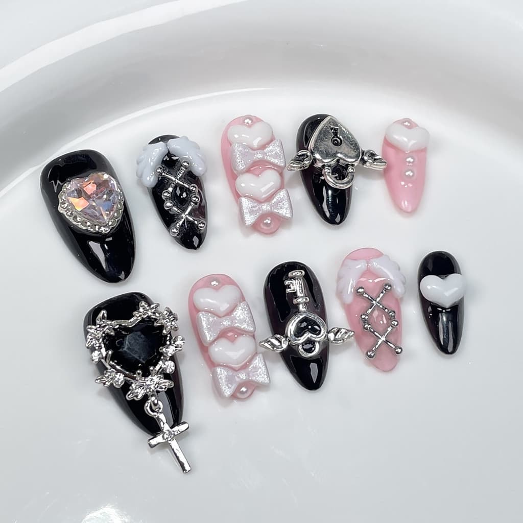 Y2k Spice Girl Prego Feito À Mão Preto Rosa Doce Arte De Unhas Fresca Arco De Amor Diamante Amêndoa Pregos Falsos