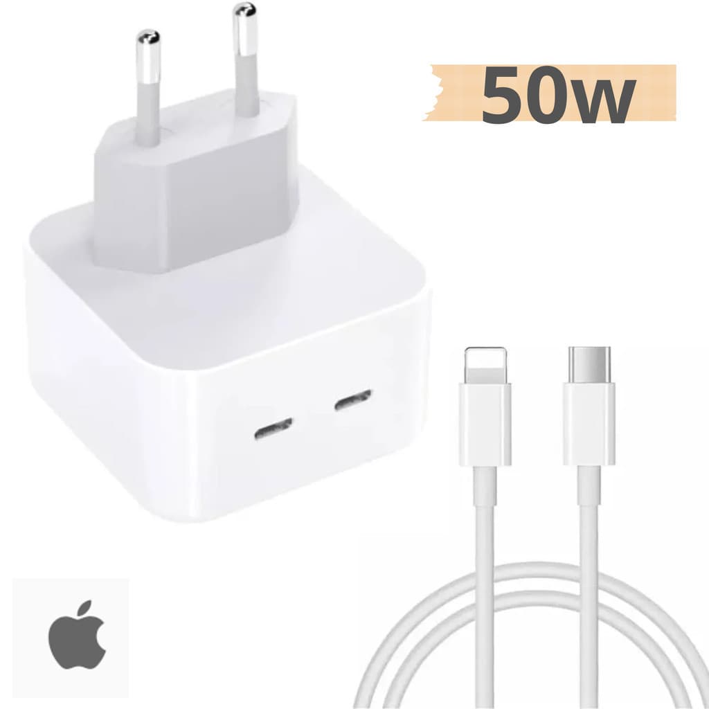 Carregador Dual Iphone 50w 1 Metro Turbo iPhone X Xs 11/12/13/14 Pro Max iPad Apple Watch
