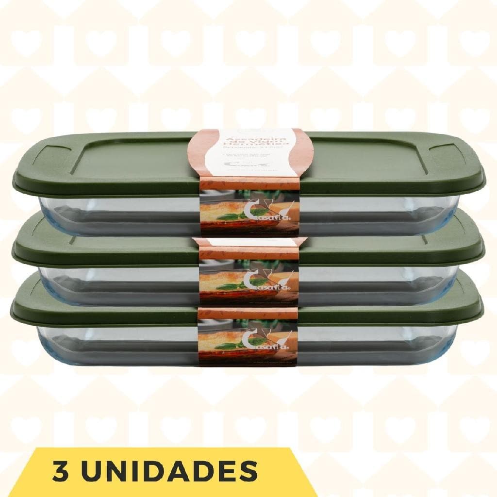 Refratário Retangular 1,6L Tampa Sortida Vidro Pequeno 3Un