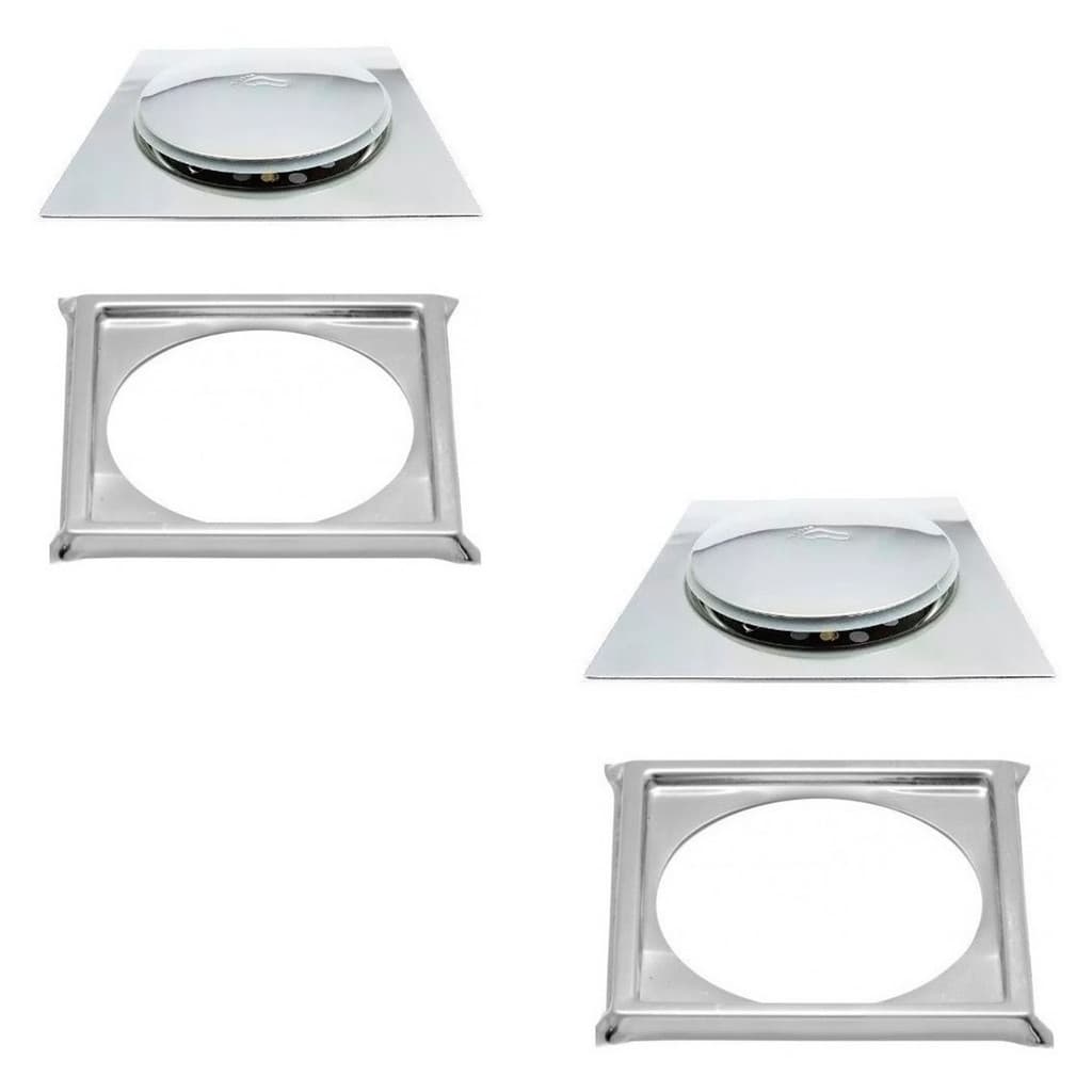 Kit C/2 Ralo e Porta Grelha Caixilho Tampa Anti-Odor Anti-Inseto Inox Piso Click Cromado 15x15 Cm