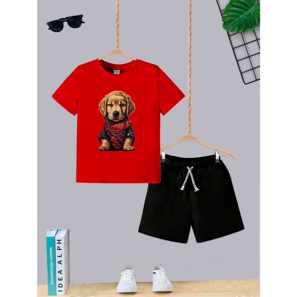 Kit Conjunto Infantil Short Com Bolso e Camiseta Algodão Dog Lenço Moda Teen Kids