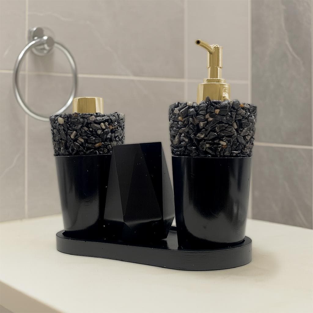 Kit Banheiro Lavabo Frascos de Pedras Naturais 220ml Decoração Super Luxo C/ Bandeja