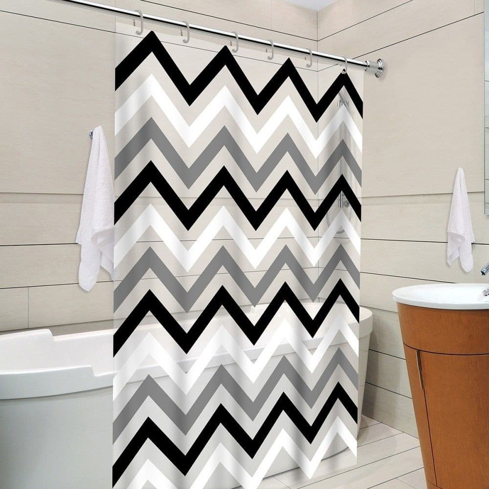 Cortina De Banheiro Box Impermeável Zig Zag Estampa Moderna PVC Resistente Preta Branca Gancho Incluso