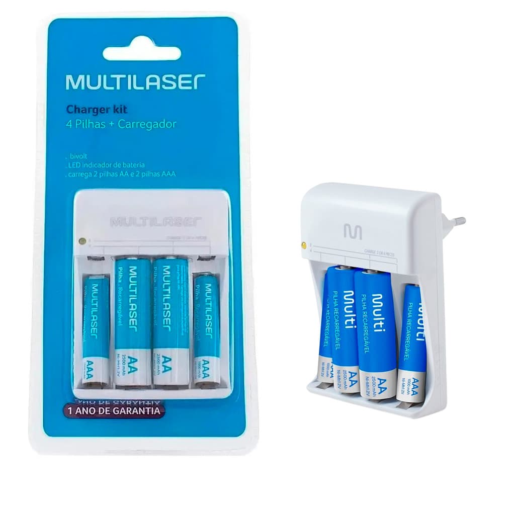 Carregador de Pilhas Multilaser Com 2 AA Comum 2500Mah + 2 AAA Palito 1000Mah Original