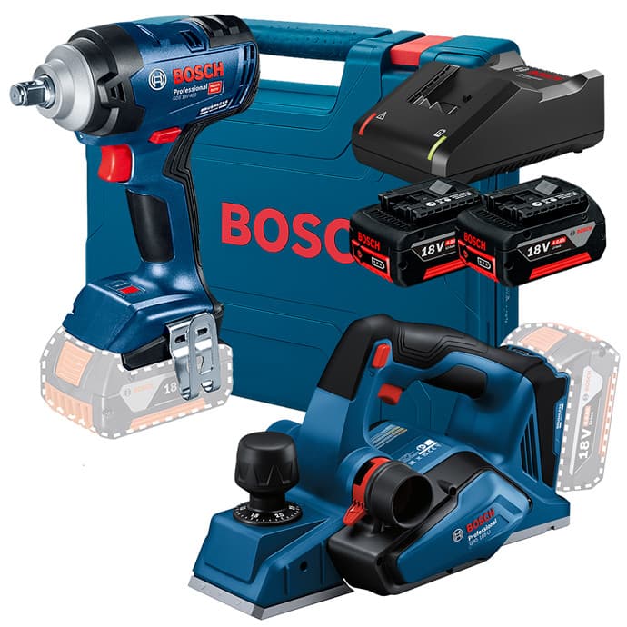 Kit Chave de Impacto 1/2" GDS 18V-400 + Plaina GHO 185-LI + 2 Baterias GBA 18V 4Ah e Carregador Bivolt GAL 18V-40