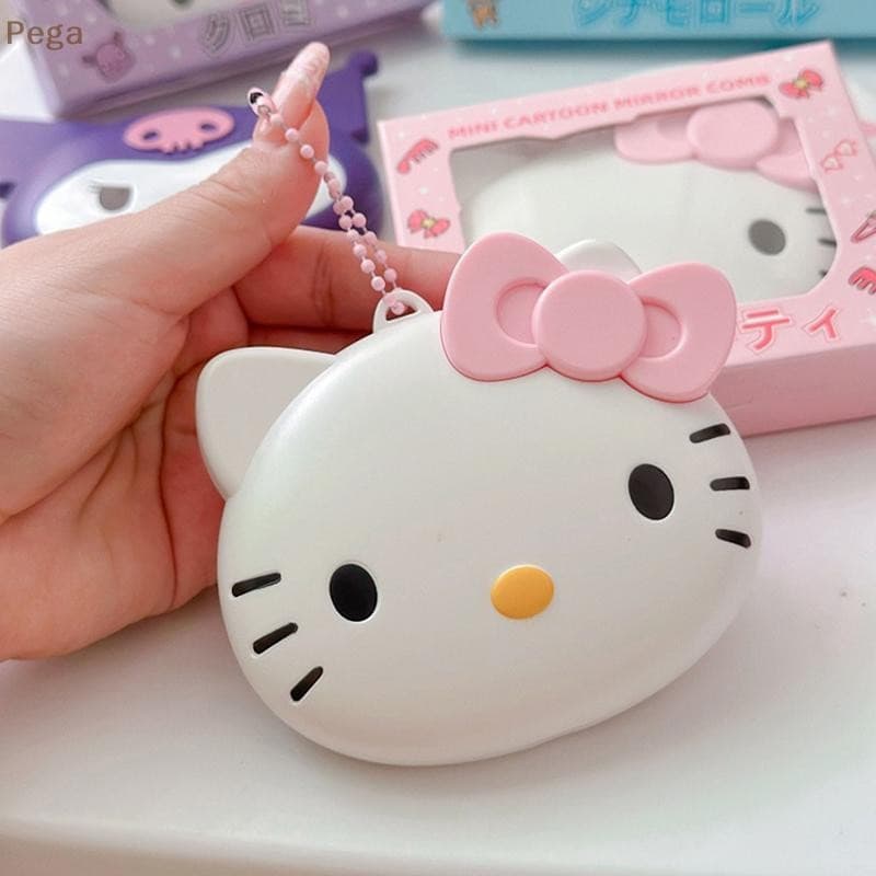 [Pega-t] Sanrio Cartoon Head Dobrável Mini Espelho Conjunto Portátil Pequeno Kuromi Espelhos Dobráveis Portáteis Maquiag