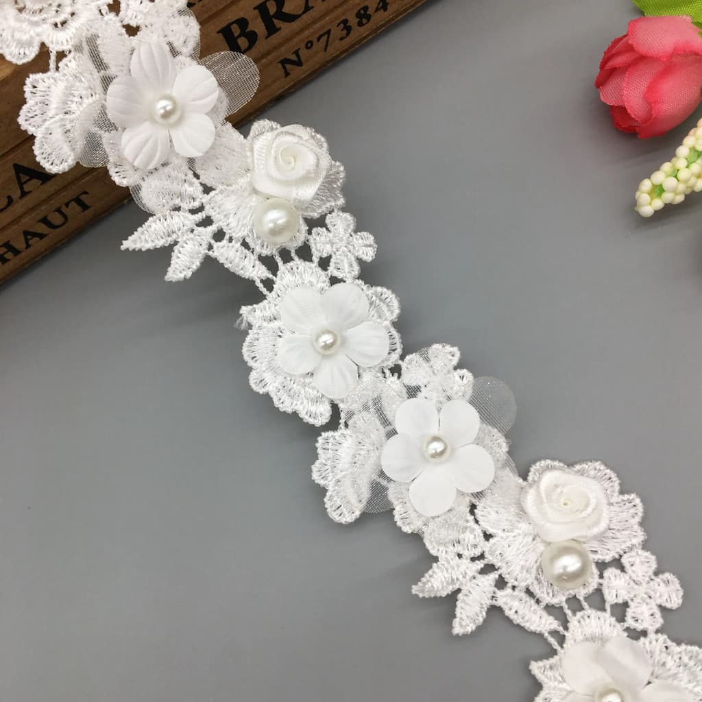Fita De 1 Jarda Para Ajuste De Bordado Com Flores Rosa E Pérolas Brancas , Apliques De Casamento , Suprimentos De Costur
