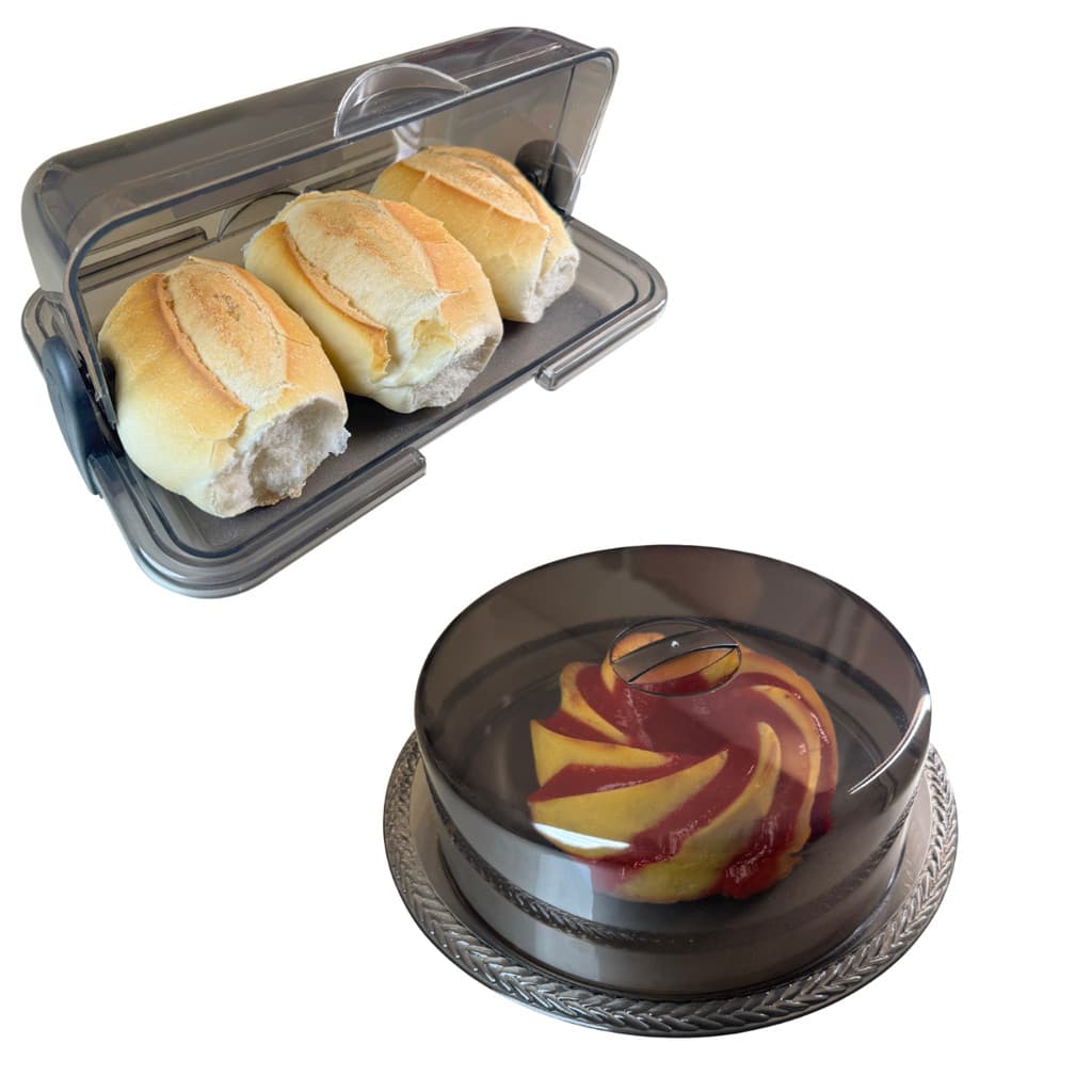 Kit Porta Pão E Porta Bolo Trança Acrílico Fumê