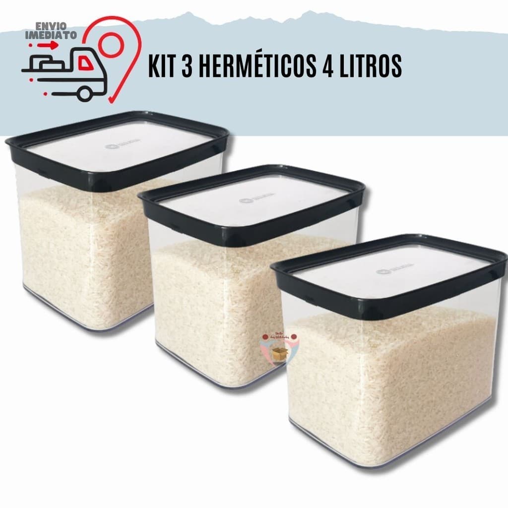 KIT Com 3 Potes Herméticos Cozinha  4 Litros 4000 ml Kit Com 3 potes Hermeticos 4000ml Porta Mantimentos para grãos arroz ração Resistente