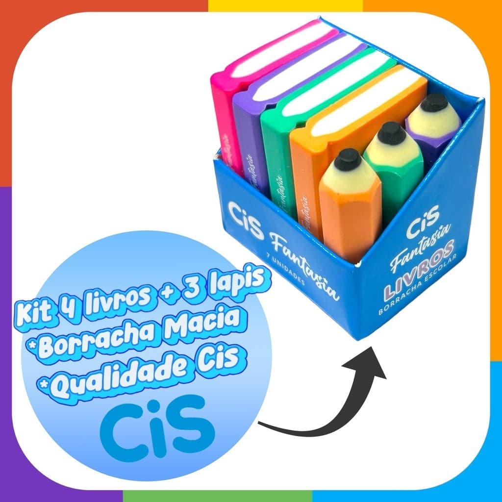 Borracha Cis Fantasia Livros e Lápis Kit 4 Livros + 3 Lapis - Borracha Escolar Fofa fofinha