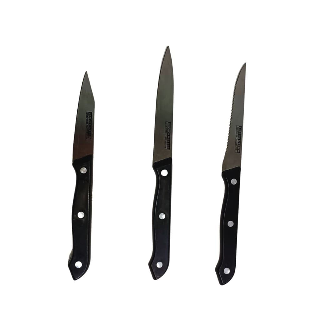 Conjunto 3 Facas Cabo Preto Lâmina Inox Cozinha Churrasco Chef Corte Carnes Legumes