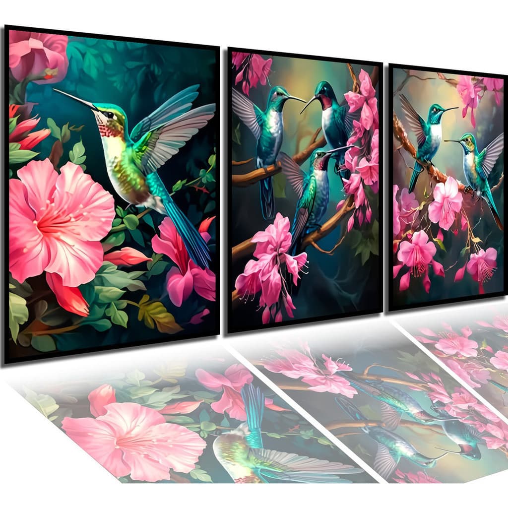 Kit 3 Quadros Decorativos Mosaico Vinílicos Flores Beija Flor Para Sala Quarto Escritório Hall