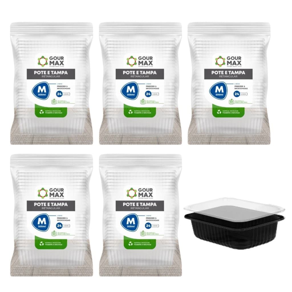 Kit Pote Preto Com 120un 500ml Descartável Marmita Freezer Microondas Fitness Retangular C/ Tampa