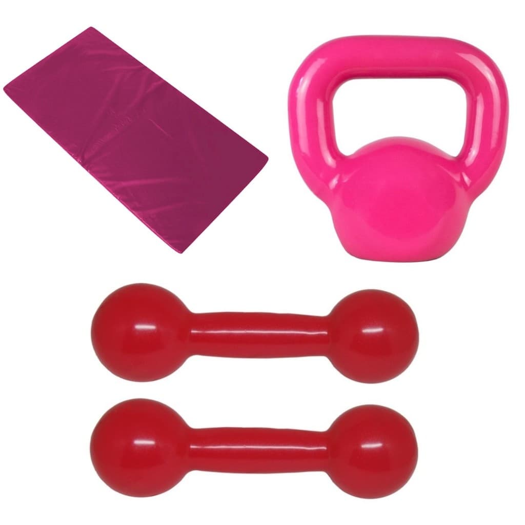 Kit Colchonete Rosa + Par de Halter Rosa 1Kg + Kettlebell Rosa 4Kgs