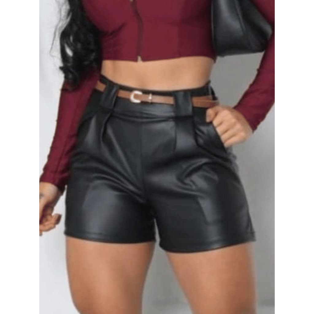 SHORT FEMININO COURO COM BOLSO TENDENCIA BALADA