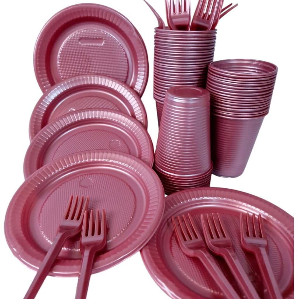 Kit Festa Descartável Cor Perolado Com 100 Copos 200ml, 100 Garfinhos Sobremesa e 100 Pratinhos 15cm