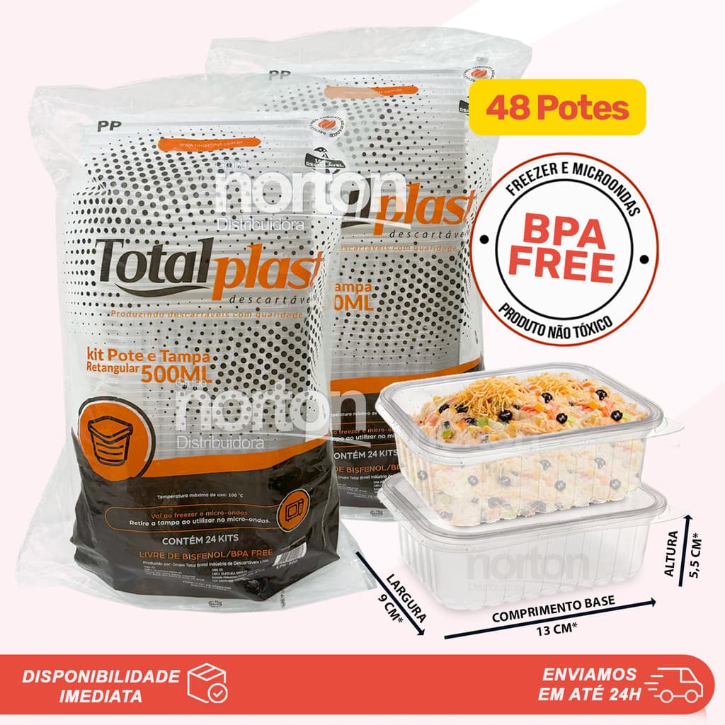 48 Potes 500ml Retangulares Descartáveis Com Tampa Para Freezer e Microondas TotalPlast