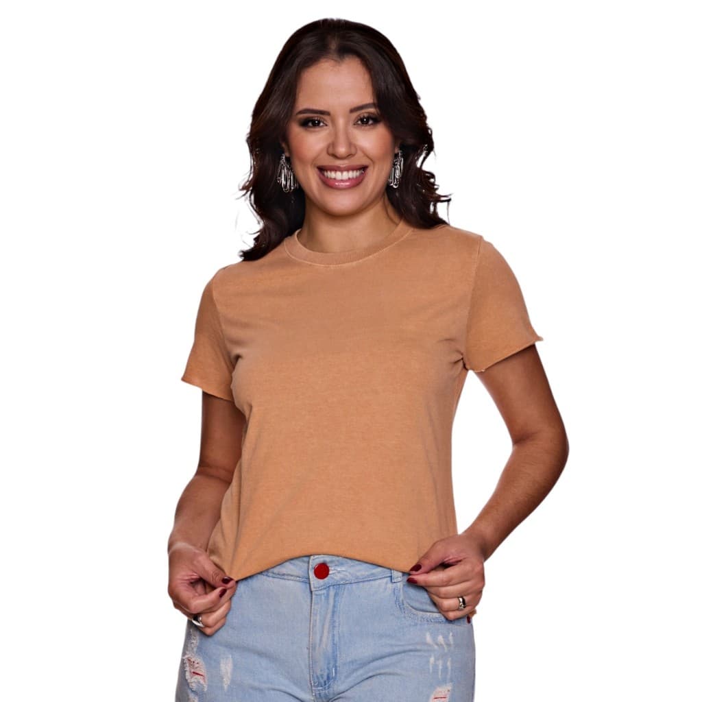 Camiseta Feminina T Shirt Gola Redonda Algodão Pré Lavada