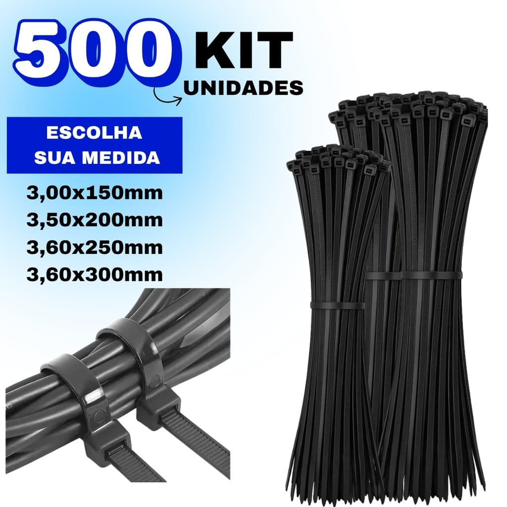 Kit 500 Enforca Gato Cinta Plástica Nylon Abraçadeira Preto  - Várias Medidas